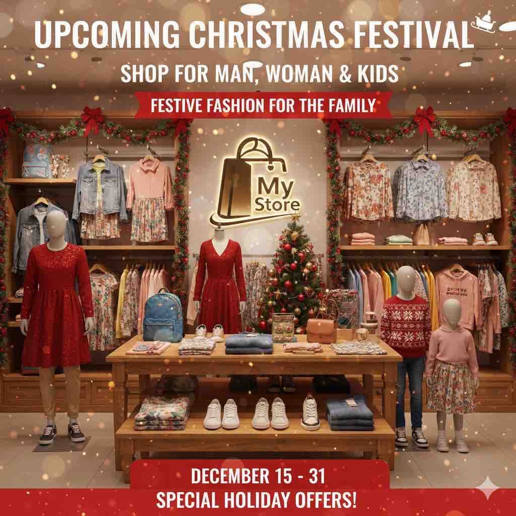 🎄 UPCOMING CHRISTMAS FESTIVAL AT MY STORE! 🎁
Shop festive fashion for Man, Woman & Kids
👗 Sparkly dresses | 👕 Cozy sweaters | 👖 Denim delights
👟 Trendy shoes | 🎒 Cute bags
🗓 December 15 – 31
✨ SPECIAL HOLIDAY OFFERS!
🎁 Flat 30% OFF on all festive wear
🎁 Buy 2, Get 1 FREE on kids’ collection
🎁 Free gift wrapping with every purchase
Bring the family. Dress the joy! 🎅
🛍 Shop in-store or Place an online order!